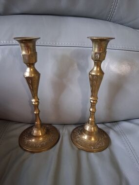 Vintage Pair Brass Candlestick Holders With Floral Etching